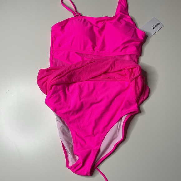 Vimpunec Women One Piece Tummy Control One Shoulder Mesh Pink Swimsuit Dress NWT - Picture 12 of 15